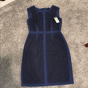 BCBGMaxAzria Blue Sheath Midi Dress Crew Neck Sleeveless